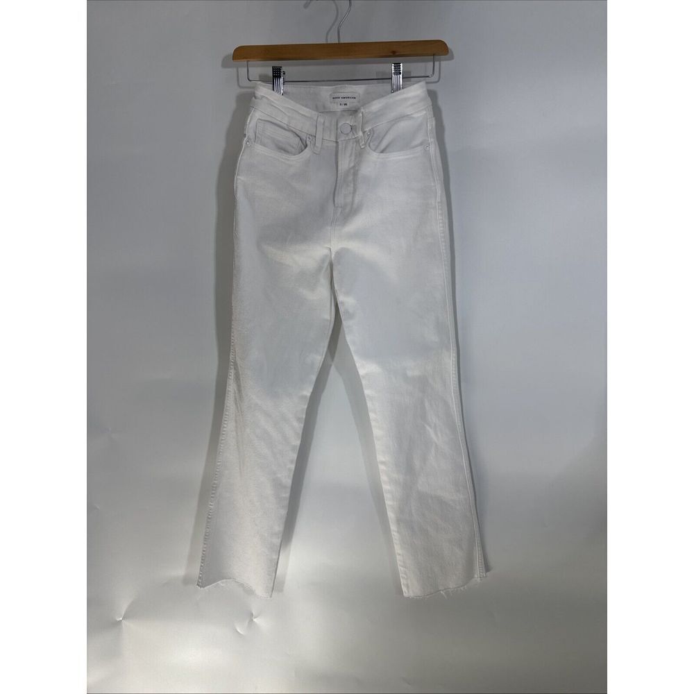 Good American White High Waisted Straight Leg Raw Hem Jeans‎ Size 0/25